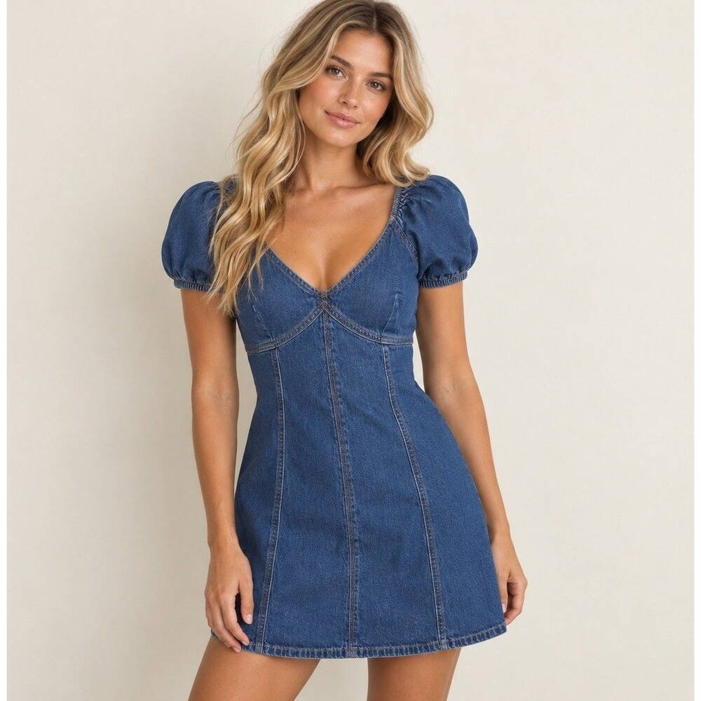 American Eagle Puff Sleeve Denim Mini Dress Women’s S Dark Wash NWT